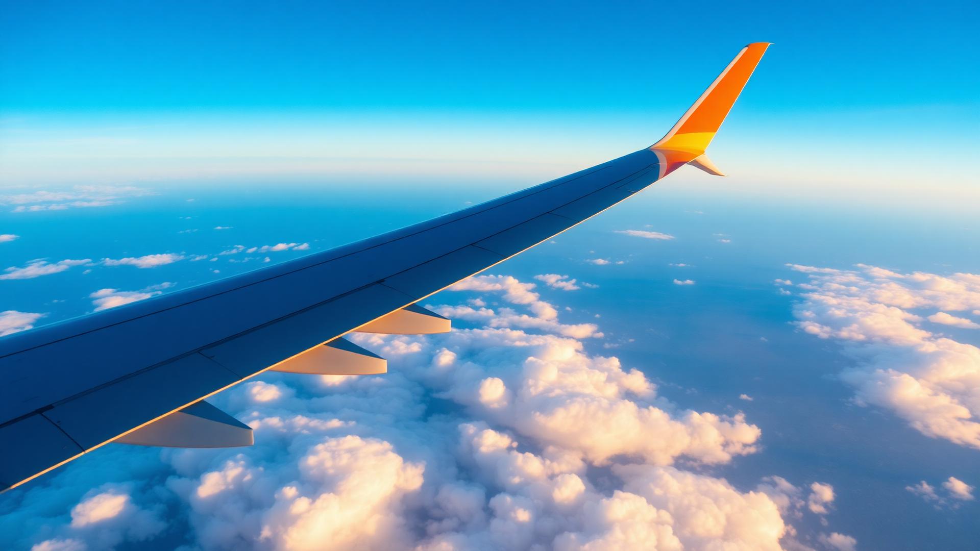 Airplane wing above the clouds at golden hour